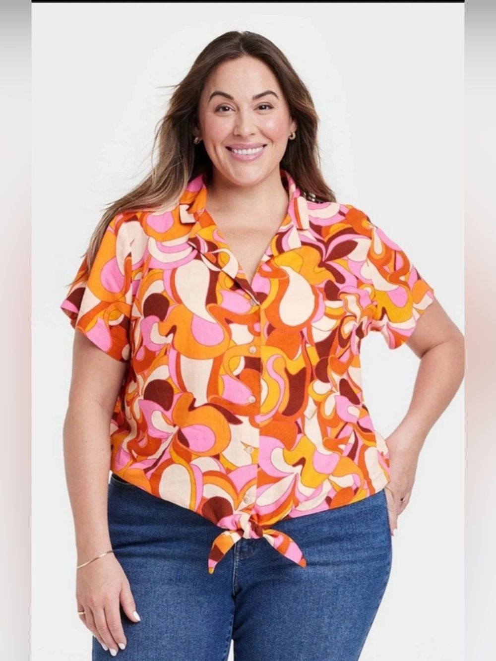 EUC AVA & VIV 3X Linen Blend Retro Psychedelic Floral Button-Front Blouse